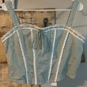 Lace-Trimmed Corset Crop Tank Top w/ Crochet Lace Trim, Blue/White, Medium, BNWT